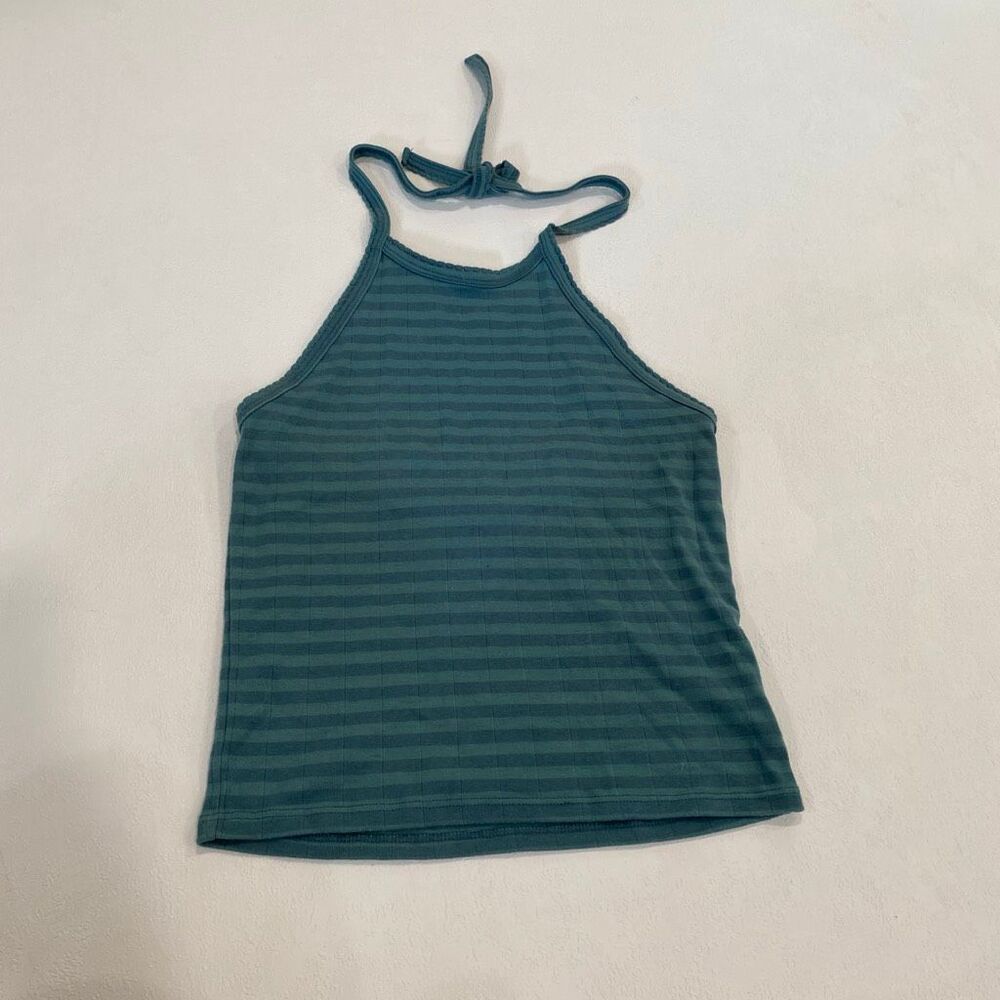 American Eagle Green Striped Halter Tank Top Small Y2K Open Back Tie Neck